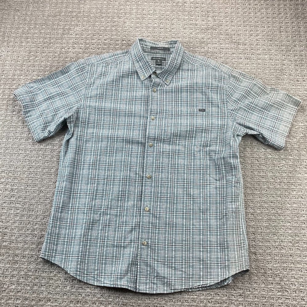Eddie Bauer Shirt Men Large L Teal Brown Plaid Button Down Casual Short Sleeve